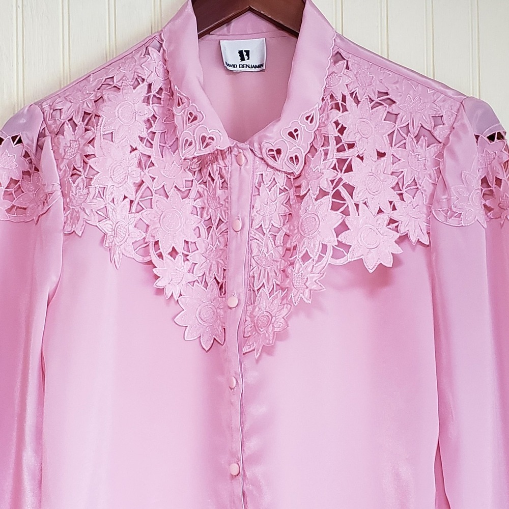 Vintage David Benjamin Blouse Womens Large Pink Satin Floral Lace Collar Top